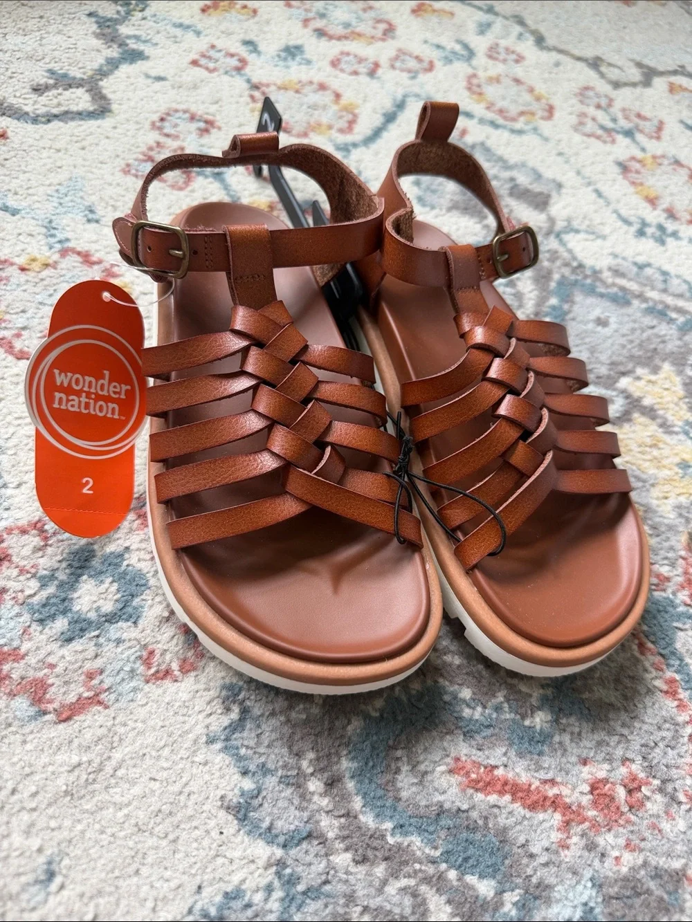 wonder nation Brown Braided T-Strap Kids Sandals
